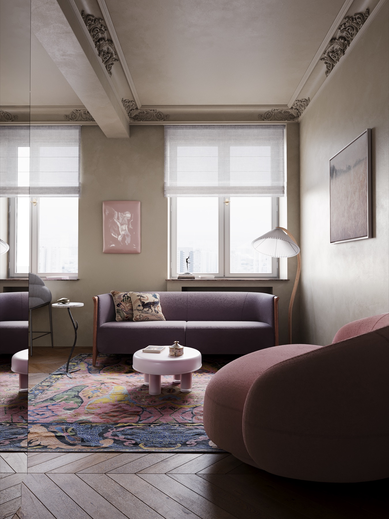 Living room with mauve furniture and ornamental ceiling