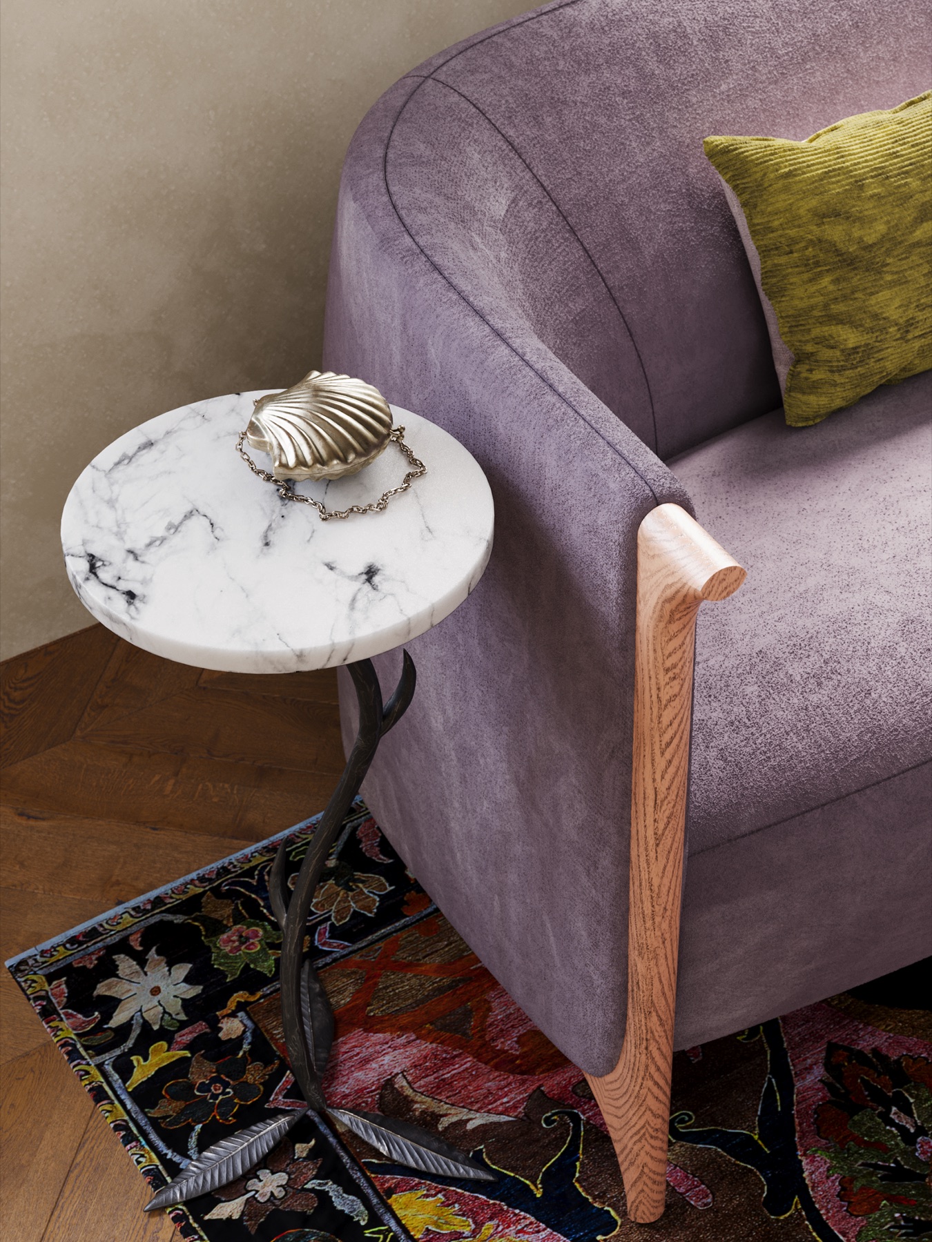 Detail of a lilac armchair and marble table