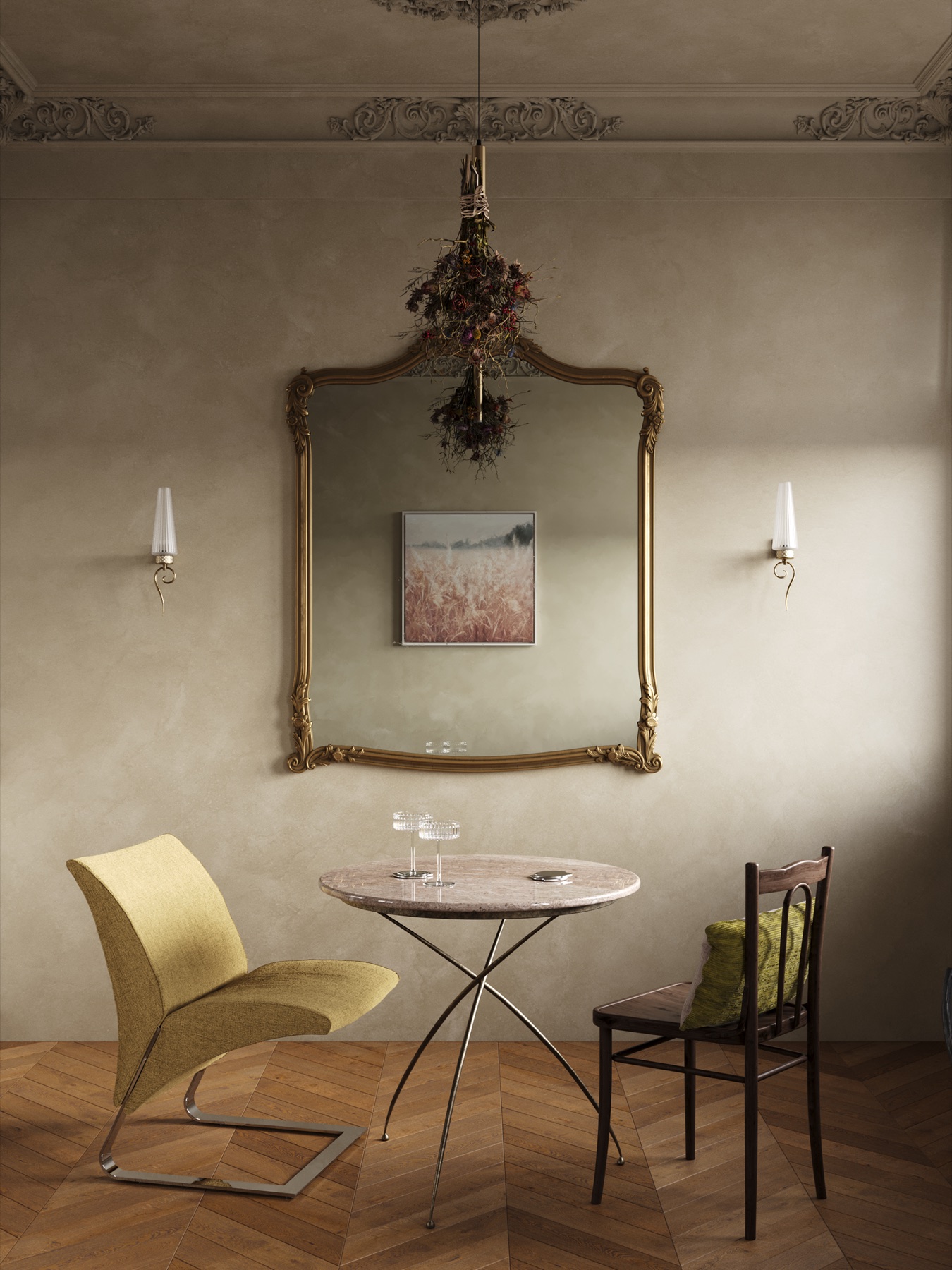 Dining area with antique mirror and sculptural chairs