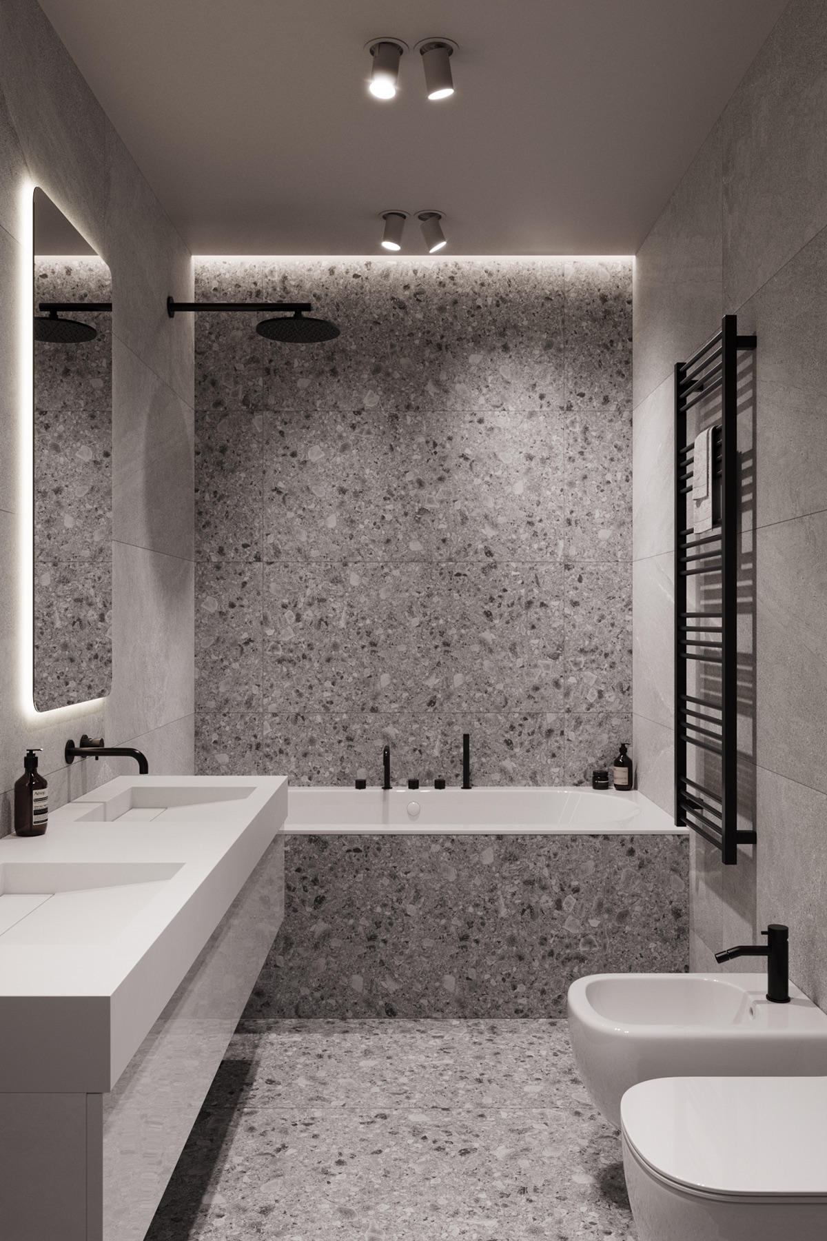 Monochrome bathroom with terrazzo surfaces
