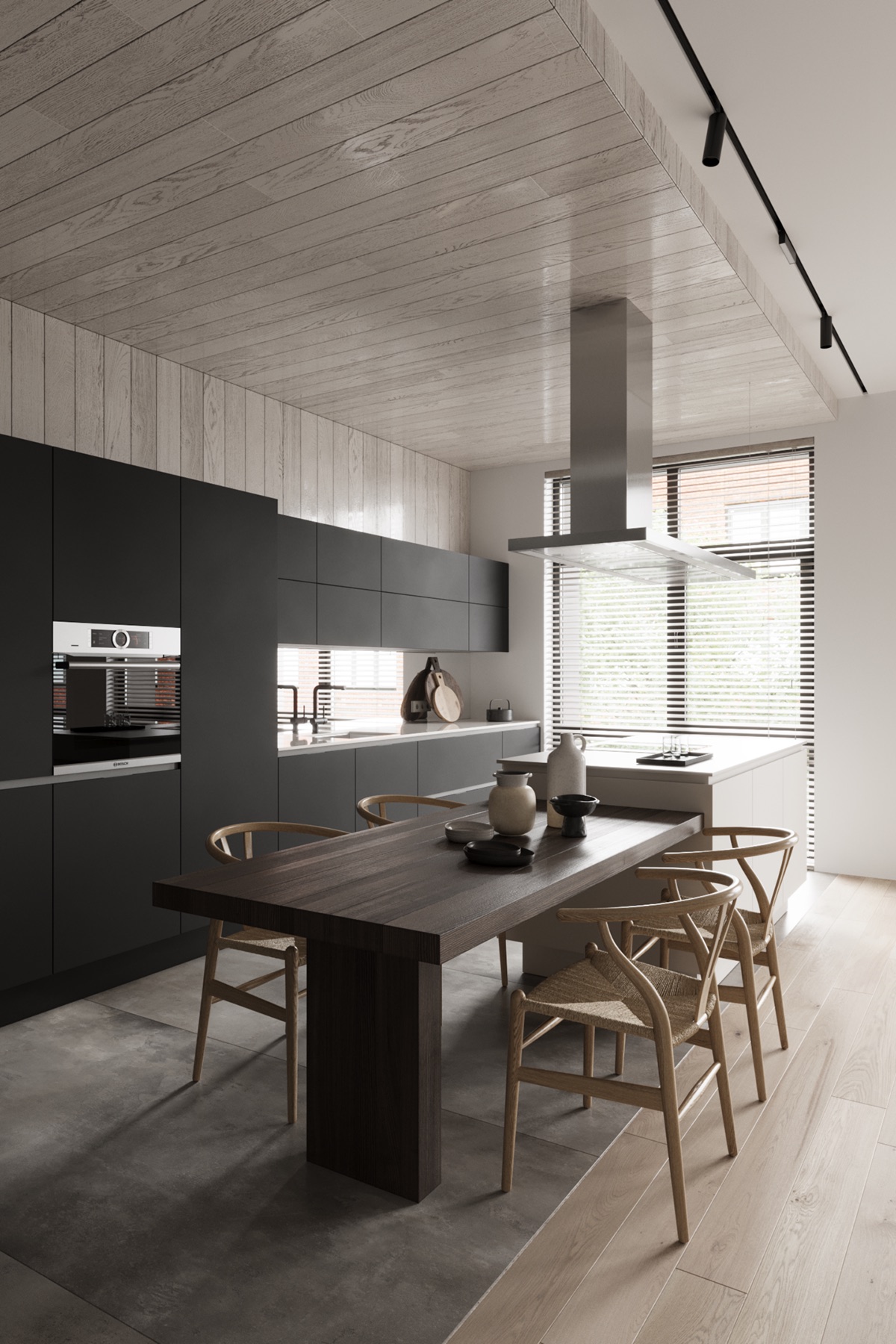 Contemporary kitchen with dark cabinetry