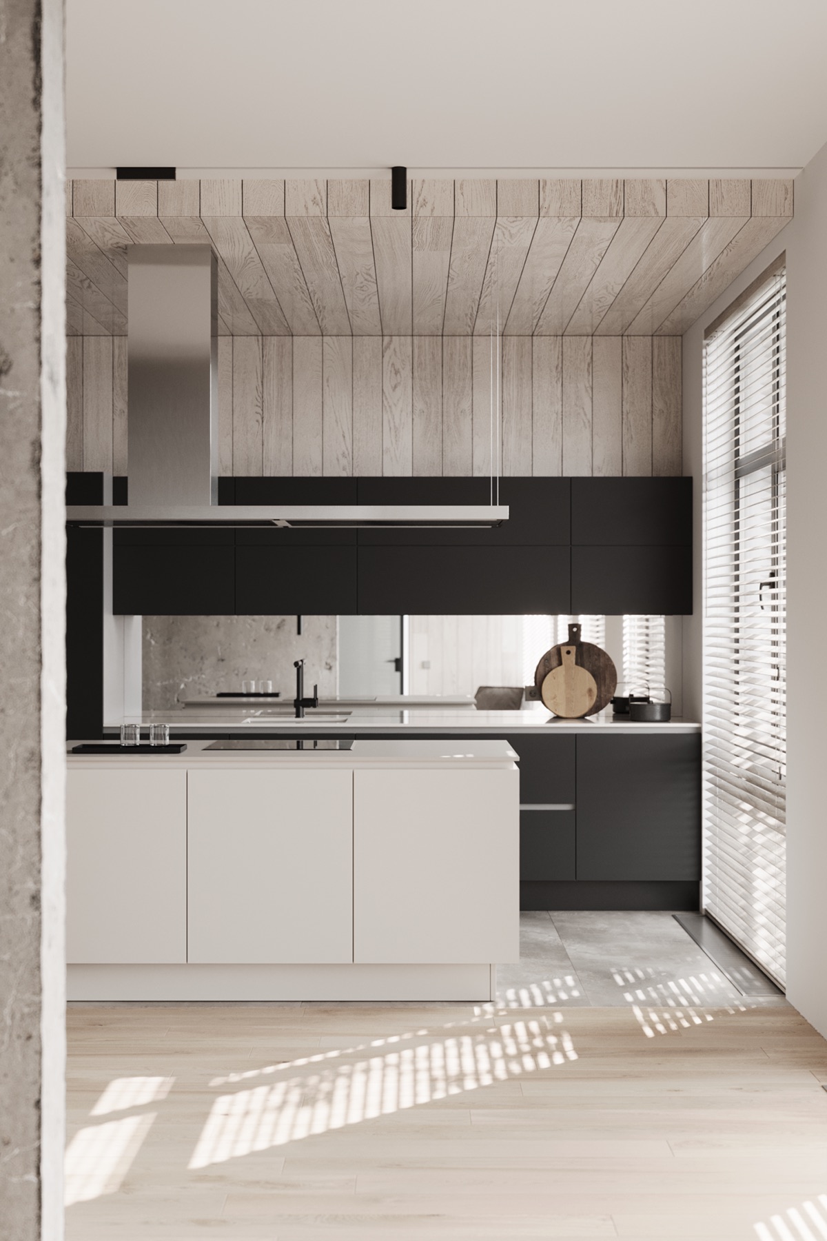 Bright minimalist kitchen framed by an opening