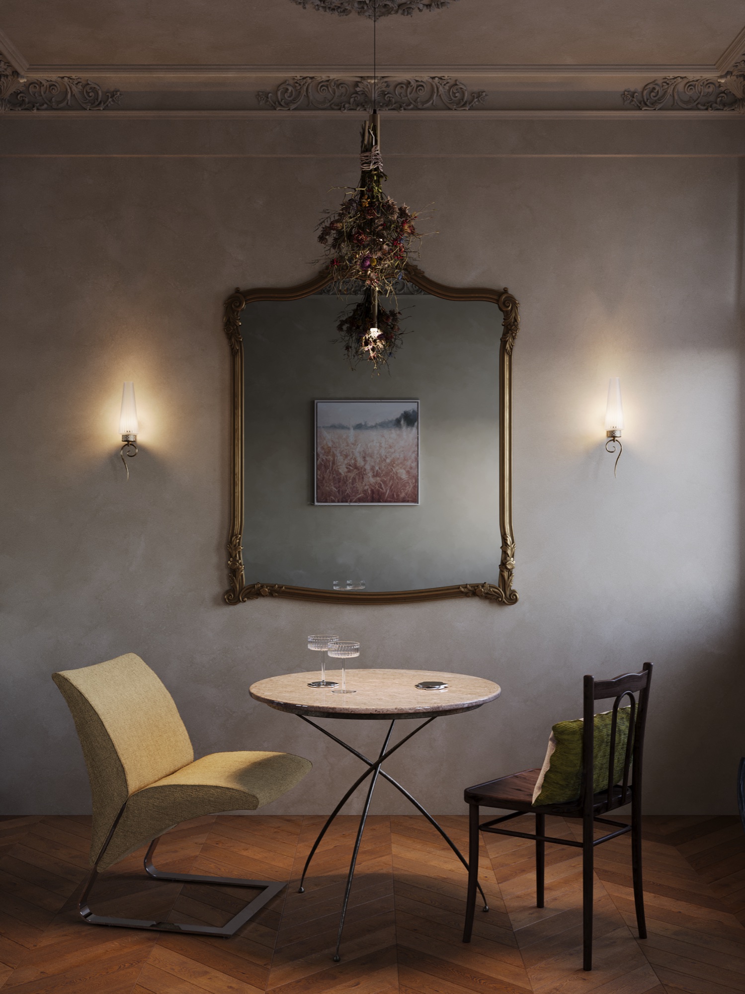 Dining vignette with wall lights in the evening