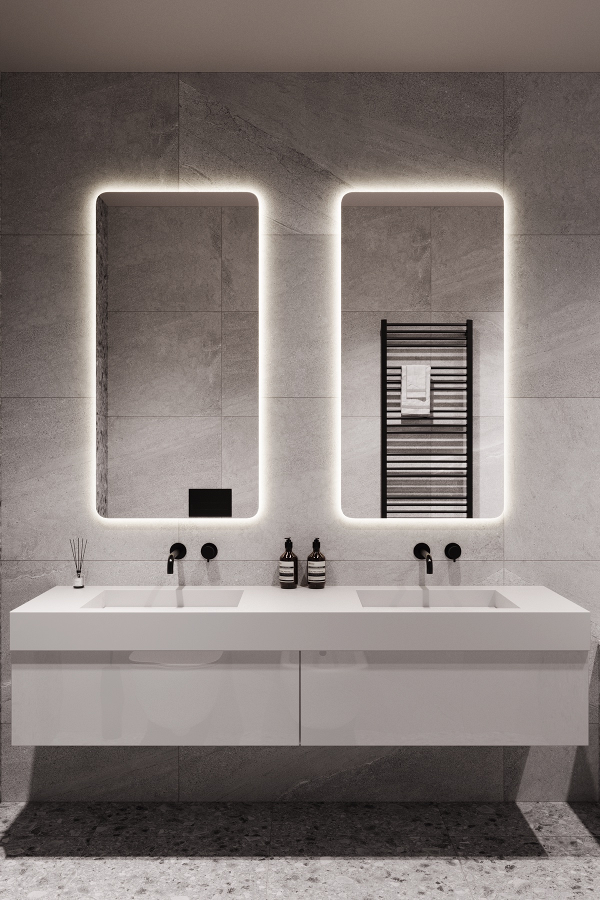 Bathroom with twin illuminated mirrors
